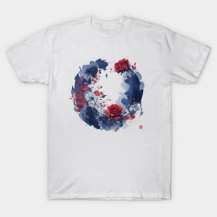 Red Roses and Paint Japanese Ink Painting T-Shirt